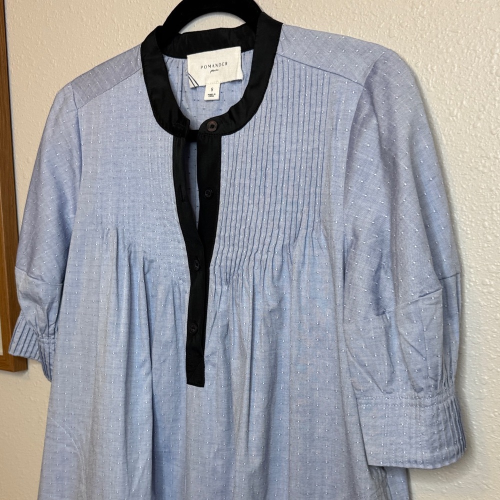 Pomander Place Blue Annalee Dress w Black Trim Babydoll Pleated Yoke Collar Puff - Picture 7 of 15